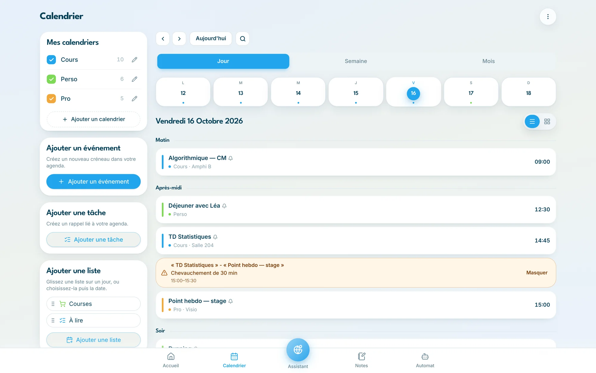 Calendrier InGest sur ordinateur, vue jour avec une alerte de chevauchement