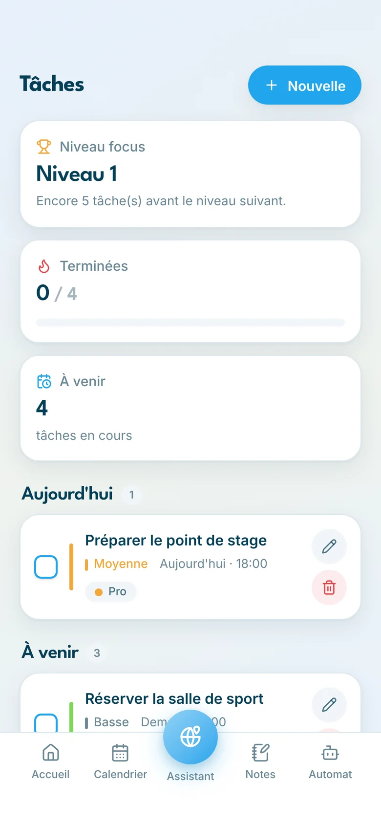 Tâches InGest sur iPhone avec le niveau focus
